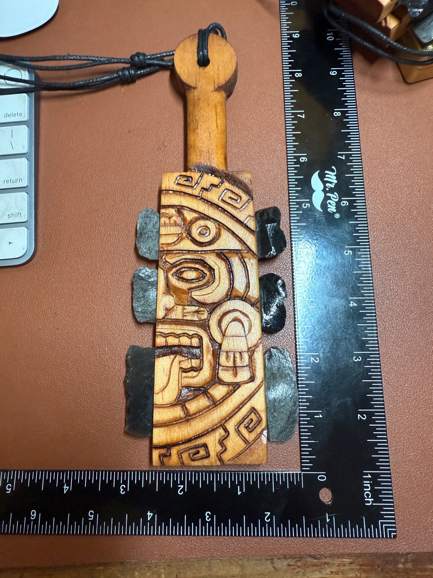 Mini Macuahuitl Azteca Necklace, Tonatiuh Sun God, Carved, Silver & Black Obsidian, Mexico 8.25"