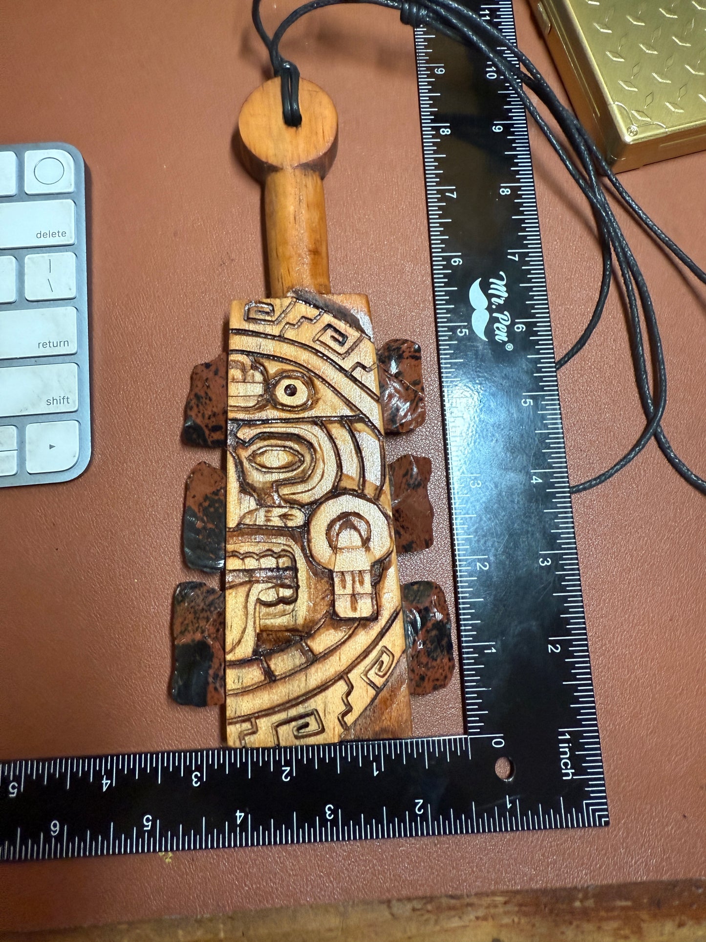 Mini Macuahuitl Azteca Necklace, Tonatiuh Sun God, Carved, Mahogany Obsidian, Mexico 8.25"