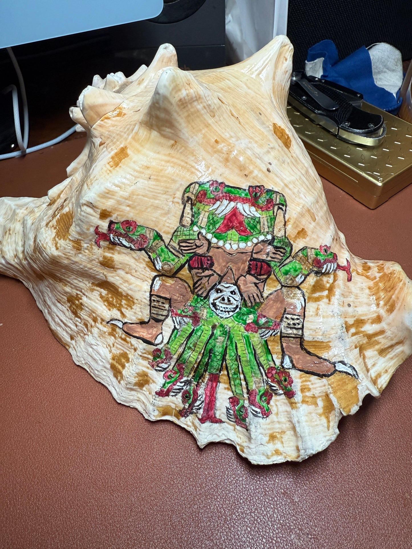 Large Aztec Coatlicue Conch Shell Horn - Seashell Trumpet, 9.5" Hand painted