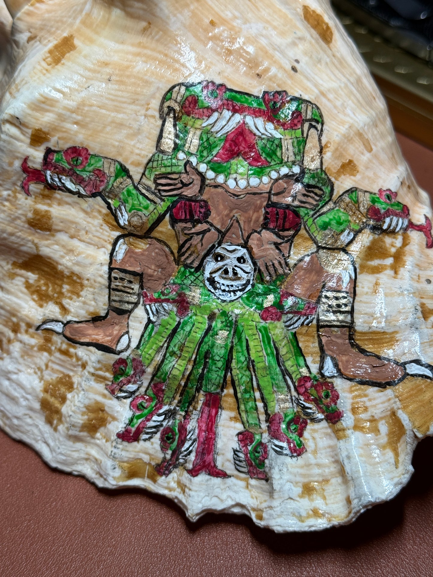 Large Aztec Coatlicue Conch Shell Horn - Seashell Trumpet, 9.5" Hand painted