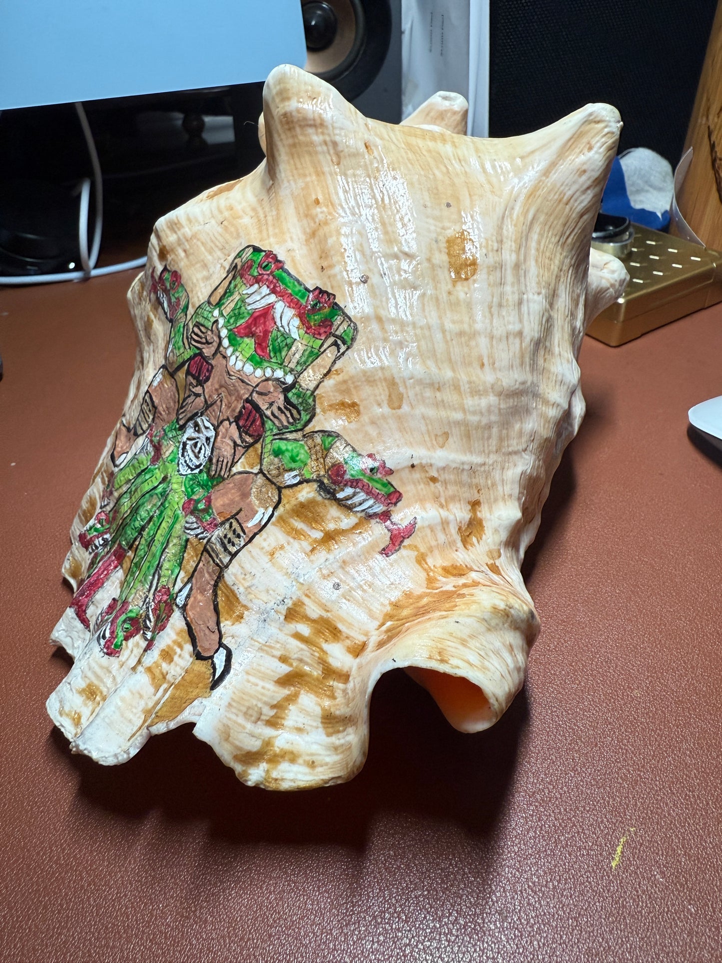 Large Aztec Coatlicue Conch Shell Horn - Seashell Trumpet, 9.5" Hand painted