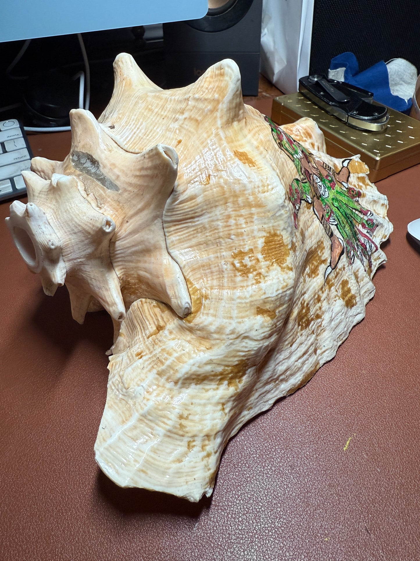 Large Aztec Coatlicue Conch Shell Horn - Seashell Trumpet, 9.5" Hand painted