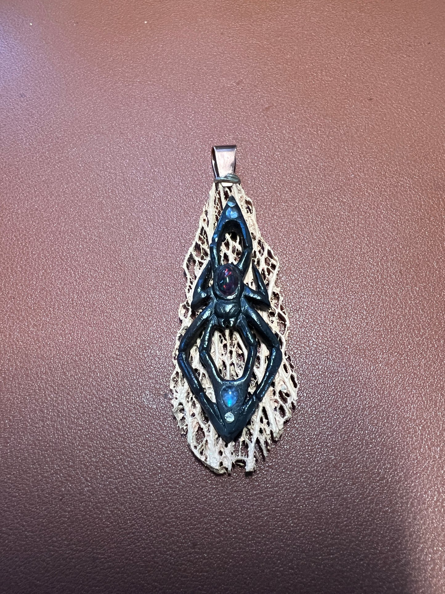 Black Widow Spider Pendant, Bull Horn, Cactus Skeleton, Black Opal, Handmade Mexico