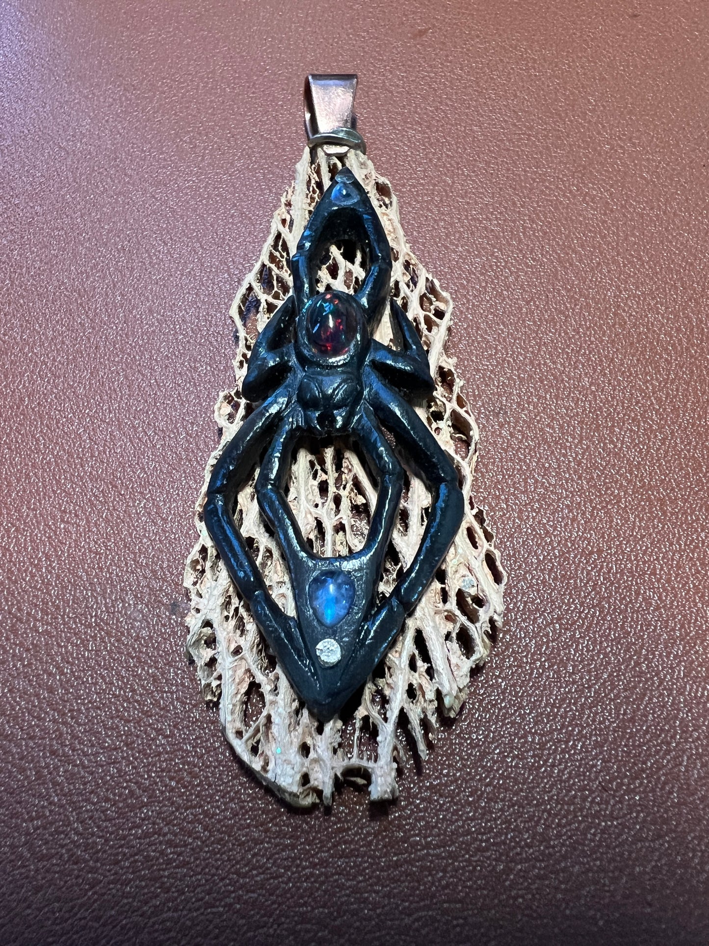 Black Widow Spider Pendant, Bull Horn, Cactus Skeleton, Black Opal, Handmade Mexico
