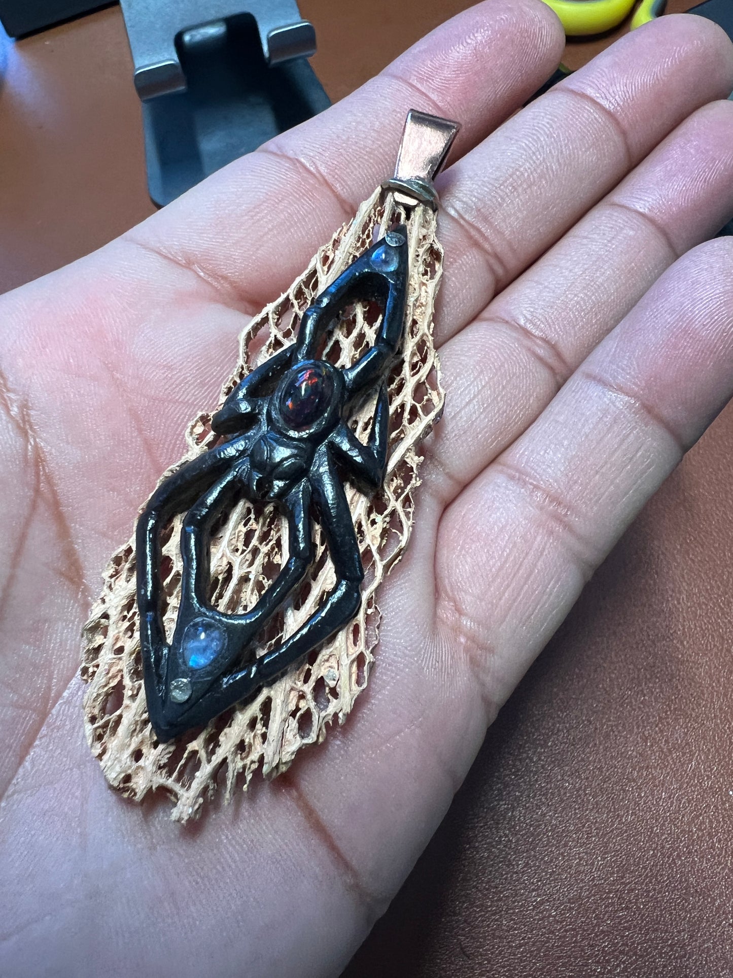 Black Widow Spider Pendant, Bull Horn, Cactus Skeleton, Black Opal, Handmade Mexico