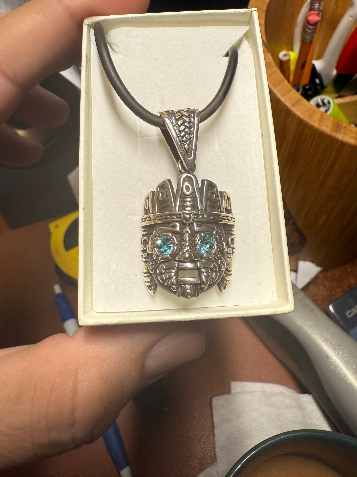 Tlaloc pendant Sterling Silver, Aztec Rain God, Blue Zirconia Eyes, Mexico, #4