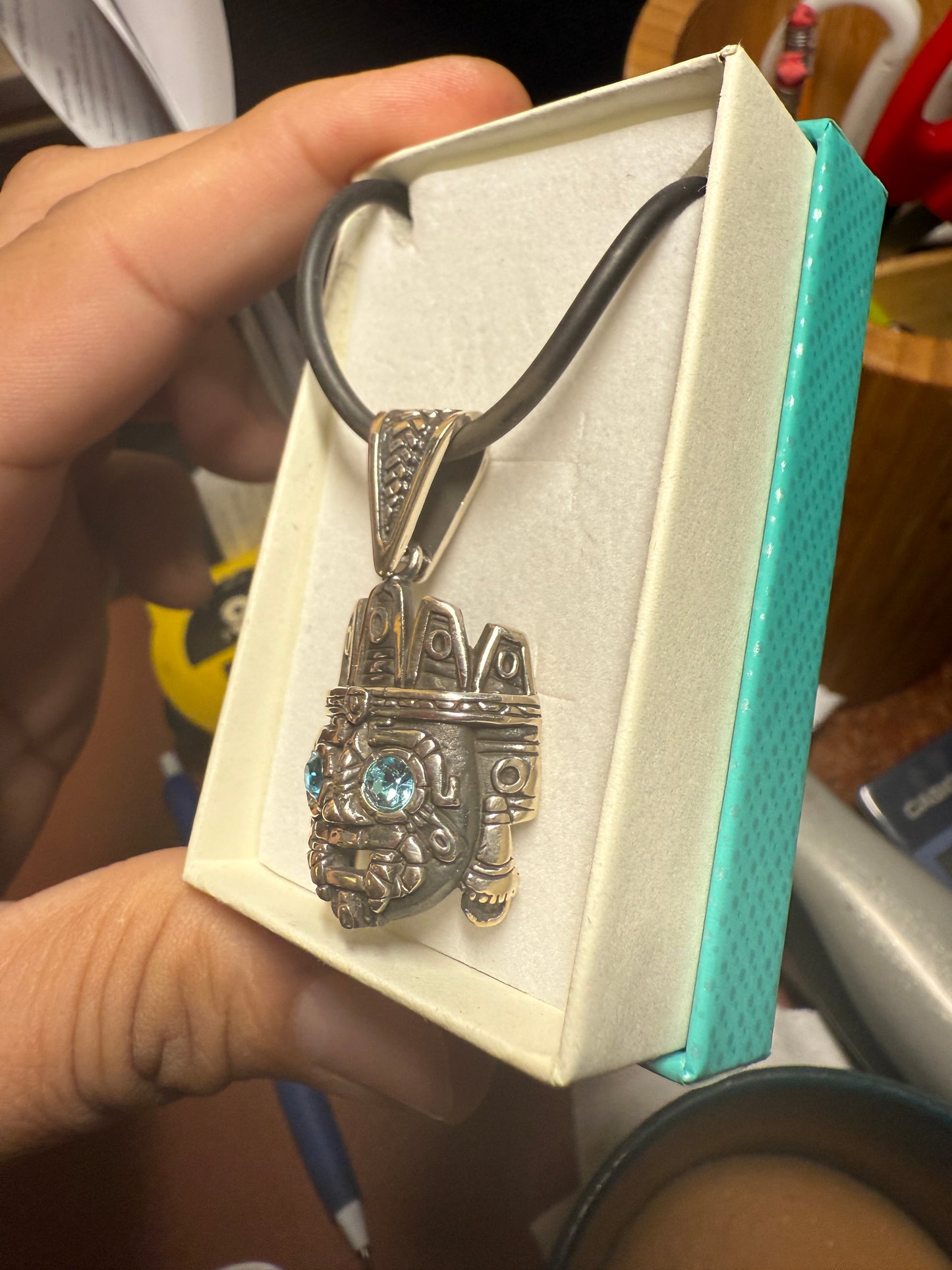 Tlaloc pendant Sterling Silver, Aztec Rain God, Blue Zirconia Eyes, Mexico, #4