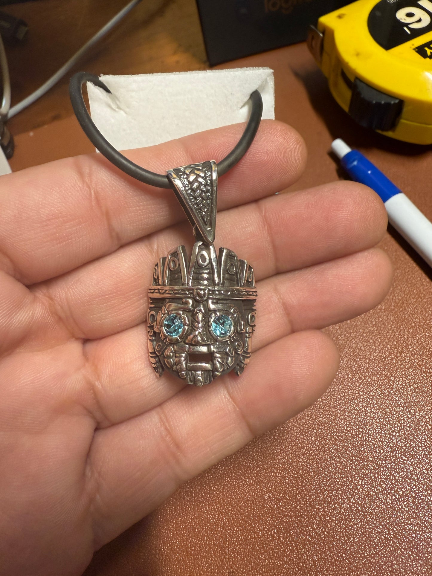 Tlaloc pendant Sterling Silver, Aztec Rain God, Blue Zirconia Eyes, Mexico, #4