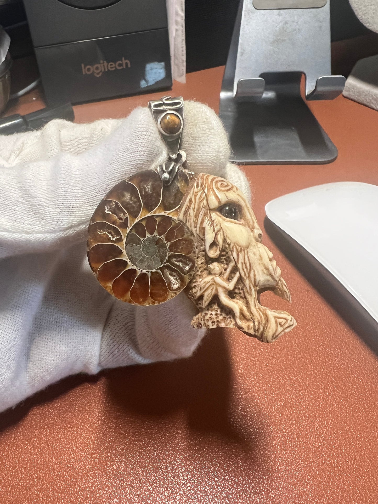 Fauna Hand Eye Pendant Deer Antler Ammonite Fossil Silver Bail Pans Labyrinth