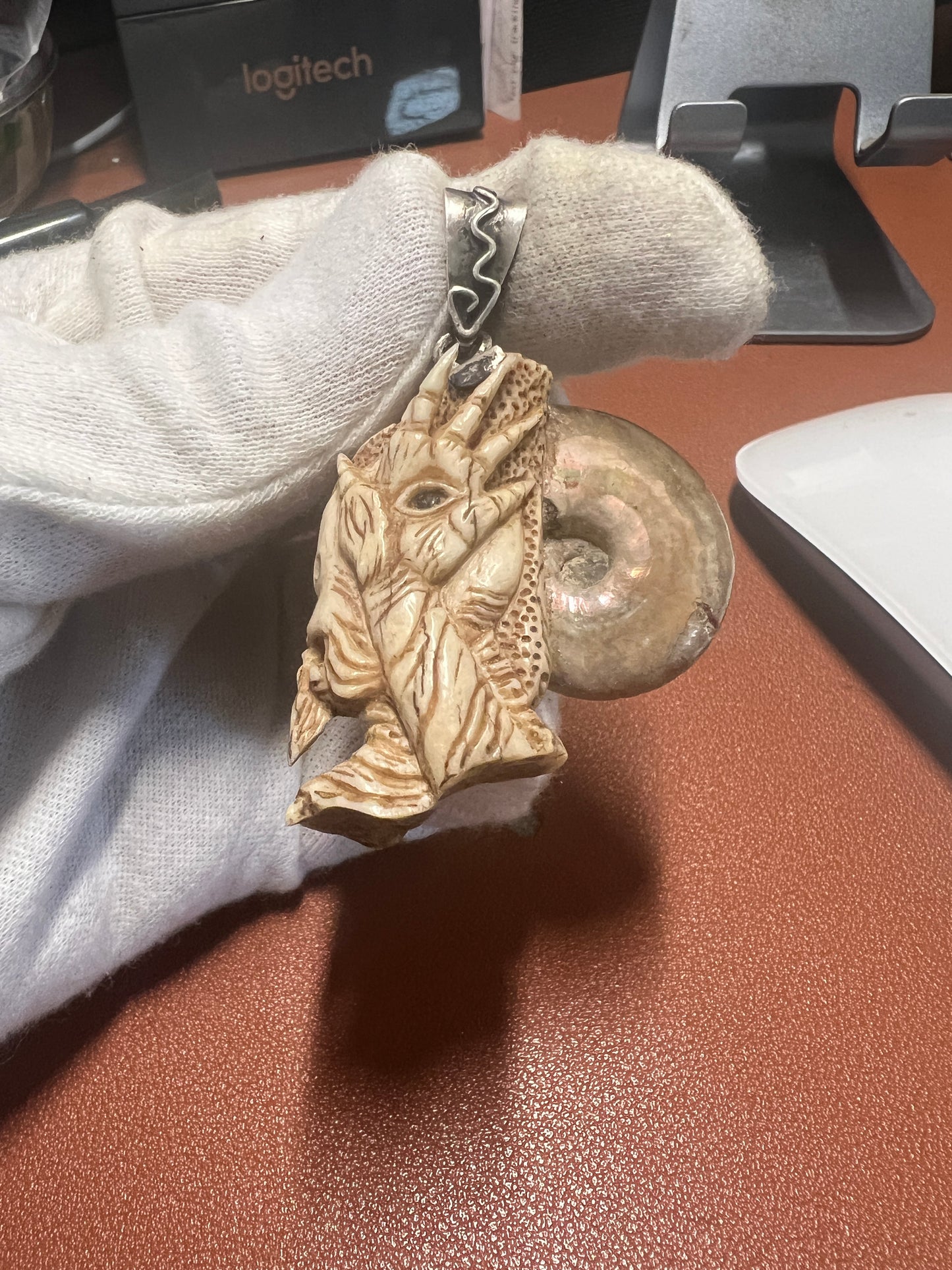 Fauna Hand Eye Pendant Deer Antler Ammonite Fossil Silver Bail Pans Labyrinth