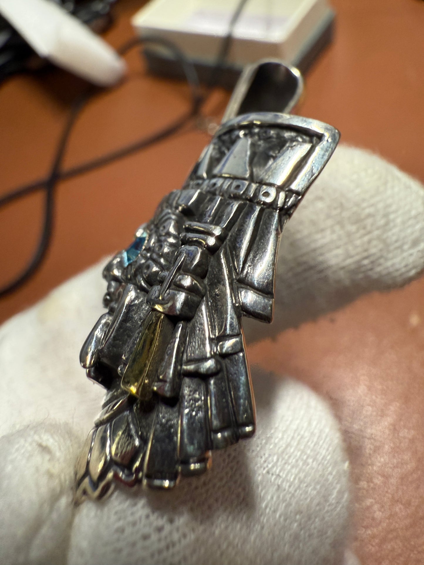 New Tlaloc pendant Sterling Silver, Aztec Rain God, Blue Zirconia Eyes, Mexico, #4