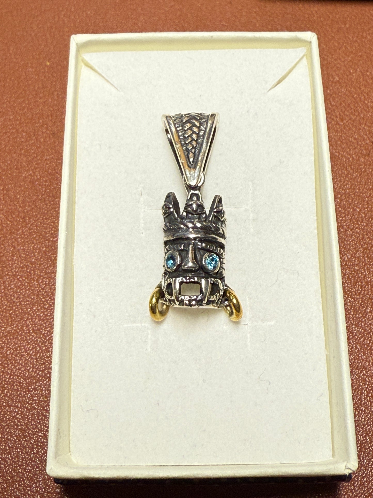 Small Tlaloc pendant Sterling Silver, Aztec Rain God, Blue Zirconia Eyes, Mexico, #4