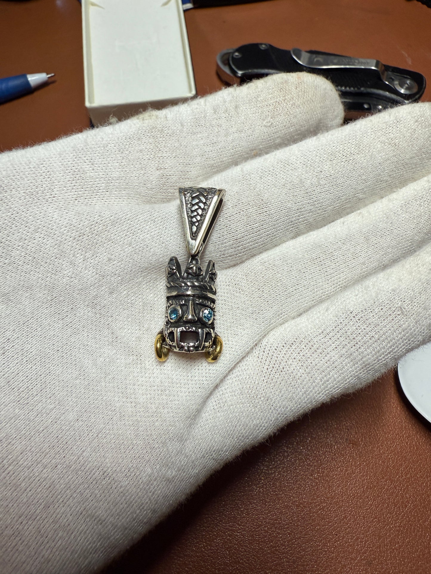 Small Tlaloc pendant Sterling Silver, Aztec Rain God, Blue Zirconia Eyes, Mexico, #4