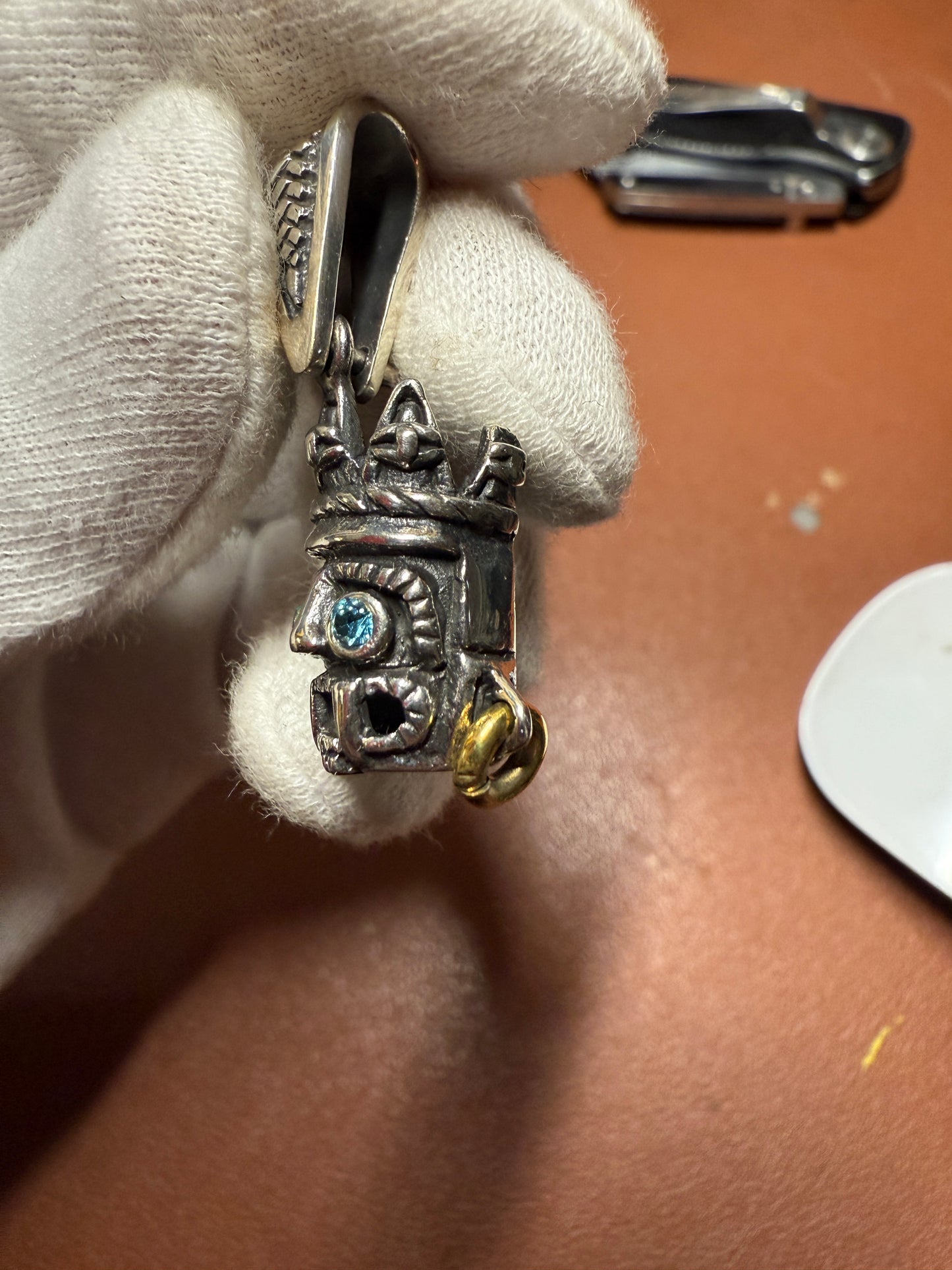Small Tlaloc pendant Sterling Silver, Aztec Rain God, Blue Zirconia Eyes, Mexico, #4