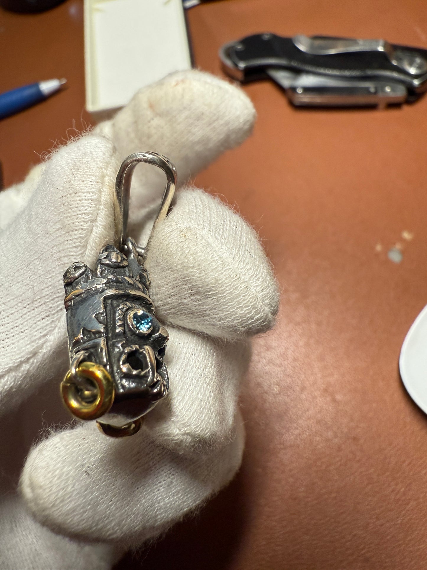 Small Tlaloc pendant Sterling Silver, Aztec Rain God, Blue Zirconia Eyes, Mexico, #4