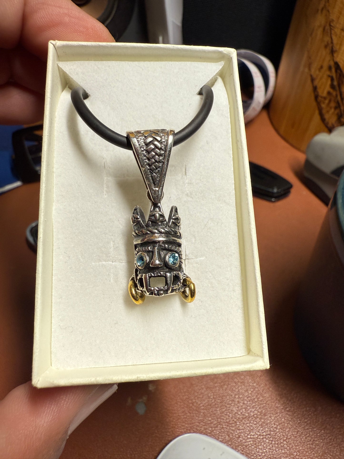 Small Tlaloc pendant Sterling Silver, Aztec Rain God, Blue Zirconia Eyes, Mexico, #4
