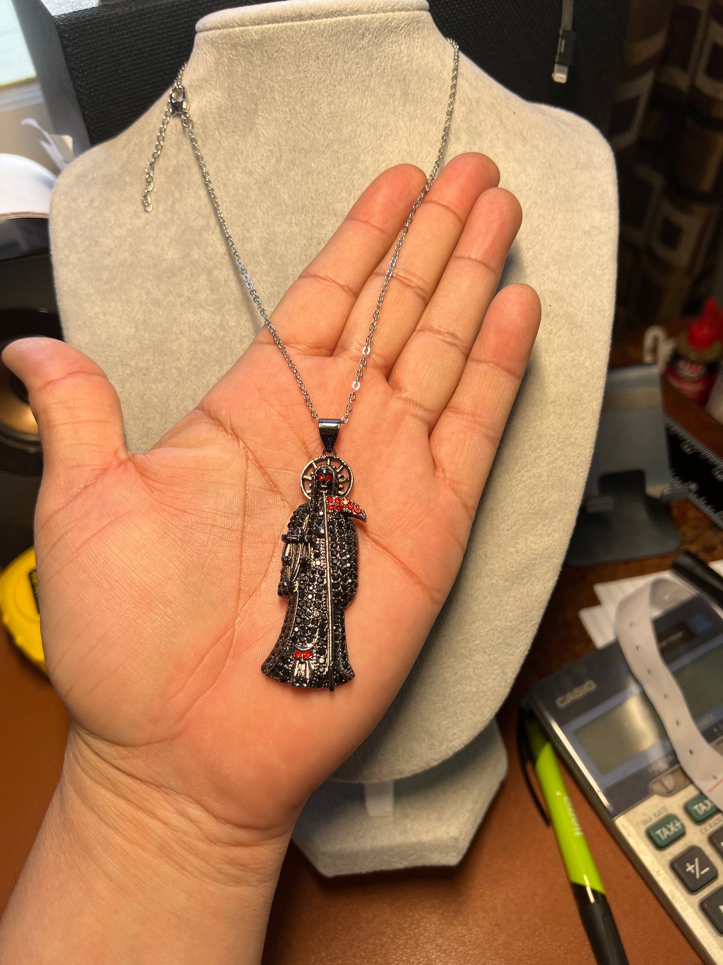 Iced Out Handmade Holy Death Black Necklace Santa Muerte Charm Pendant #10