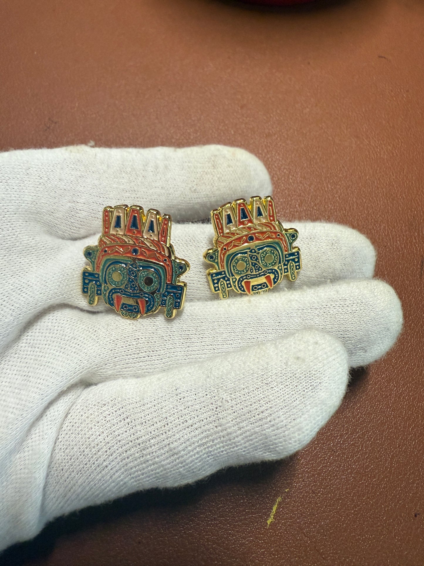 Aztec Tlaloc Earrings Rain God Ancient Mexico, gold tone alloy, post back #4