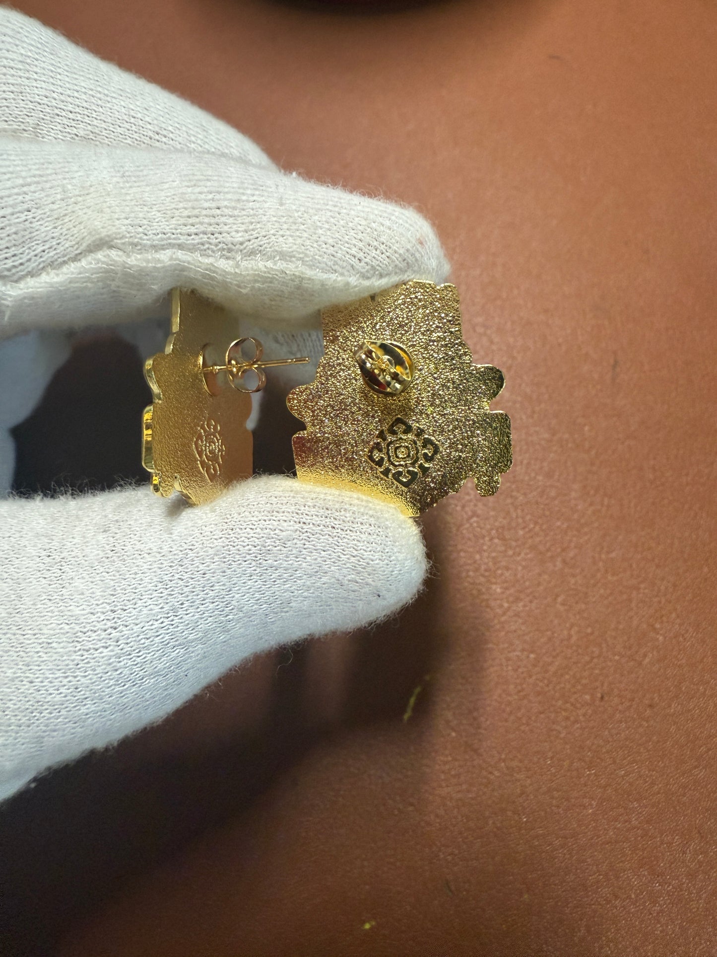 Aztec Tlaloc Earrings Rain God Ancient Mexico, gold tone alloy, post back #4