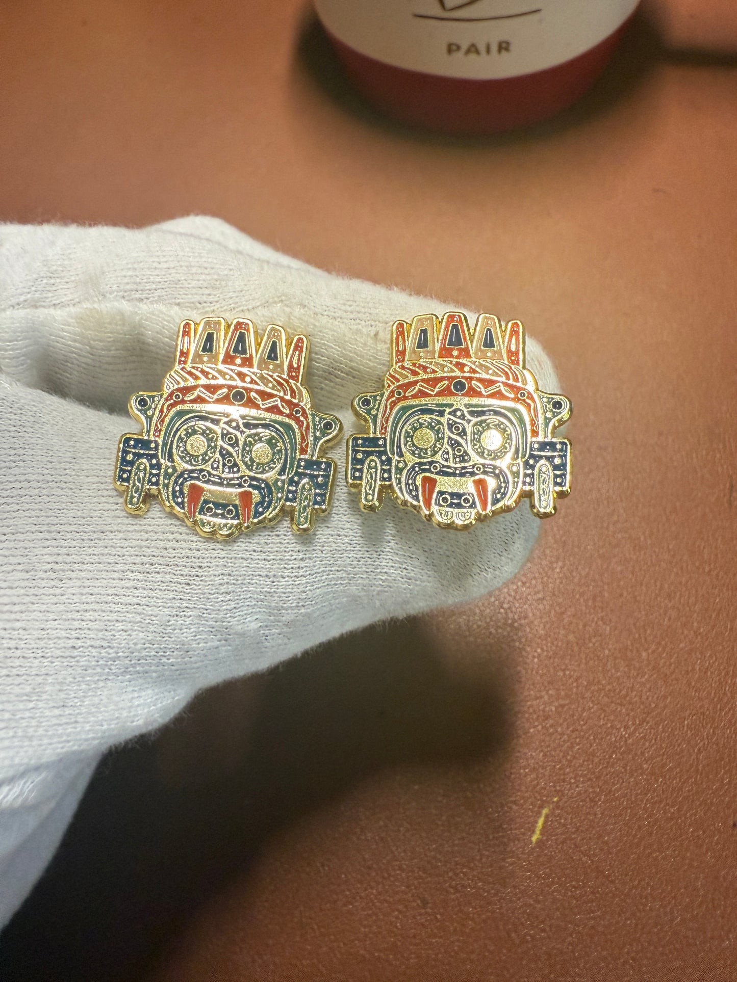 Aztec Tlaloc Earrings Rain God Ancient Mexico, gold tone alloy, post back #4