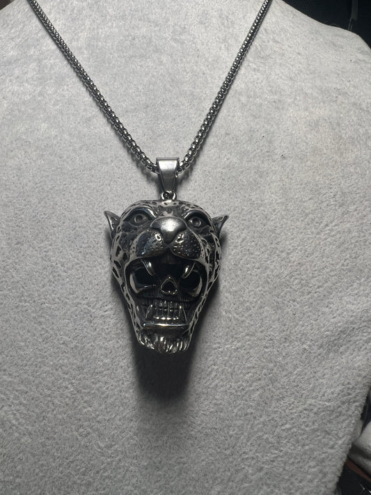 Jaguar Skull Warrior Pendant Necklaces 316L Stainless Steel, Aztec, Mayan, (#11)
