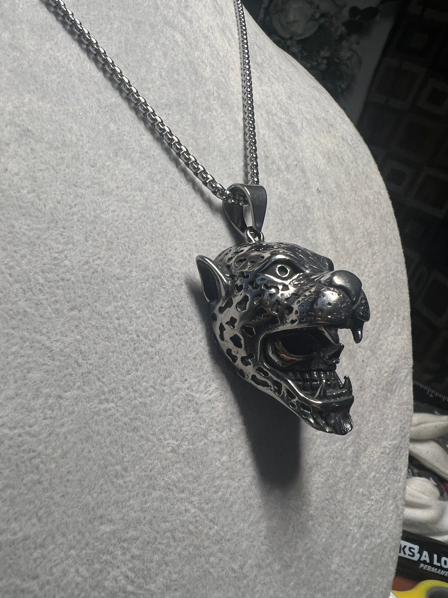 Jaguar Skull Warrior Pendant Necklaces 316L Stainless Steel, Aztec, Mayan, (#11)