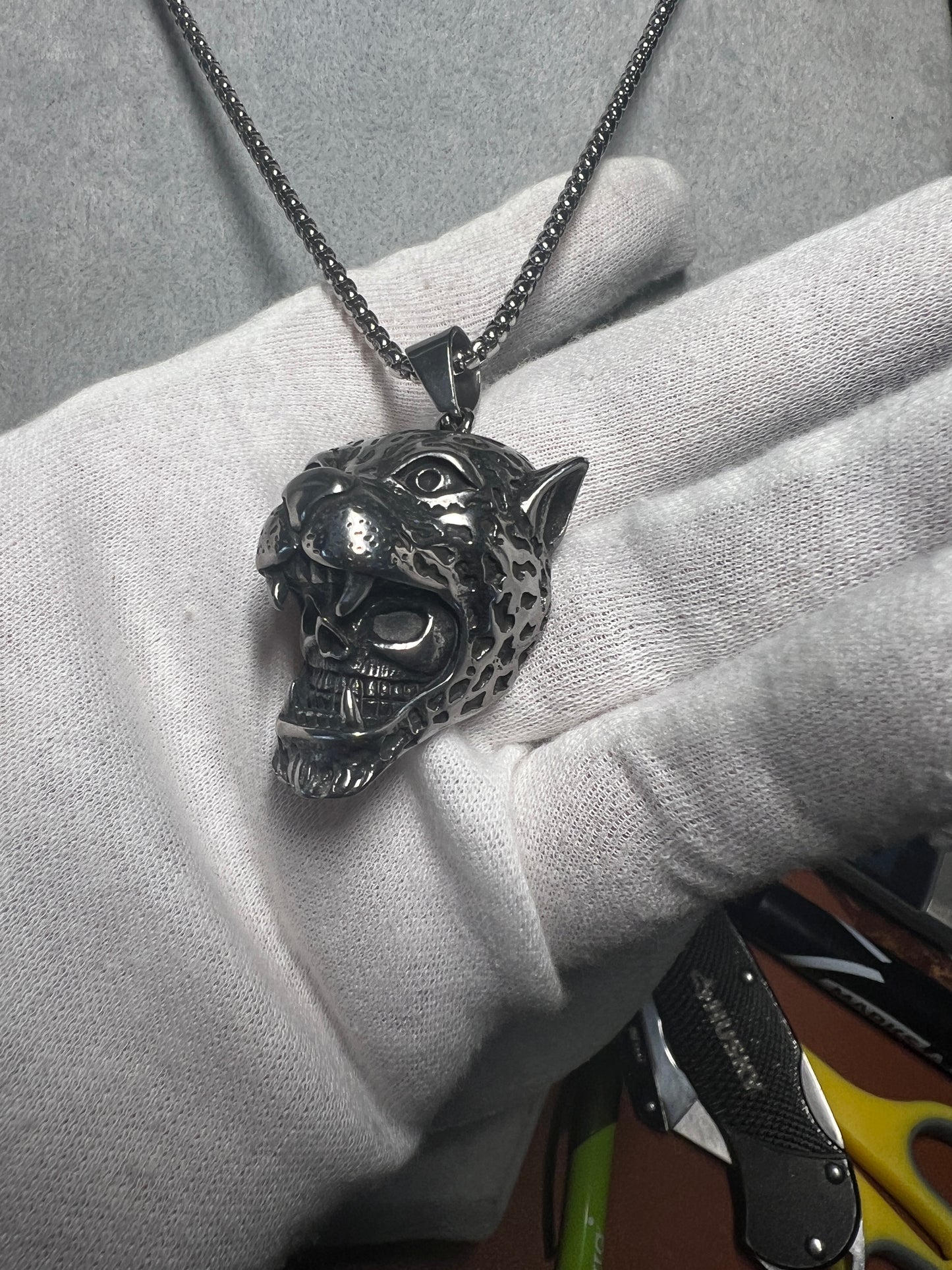 Jaguar Skull Warrior Pendant Necklaces 316L Stainless Steel, Aztec, Mayan, (#11)