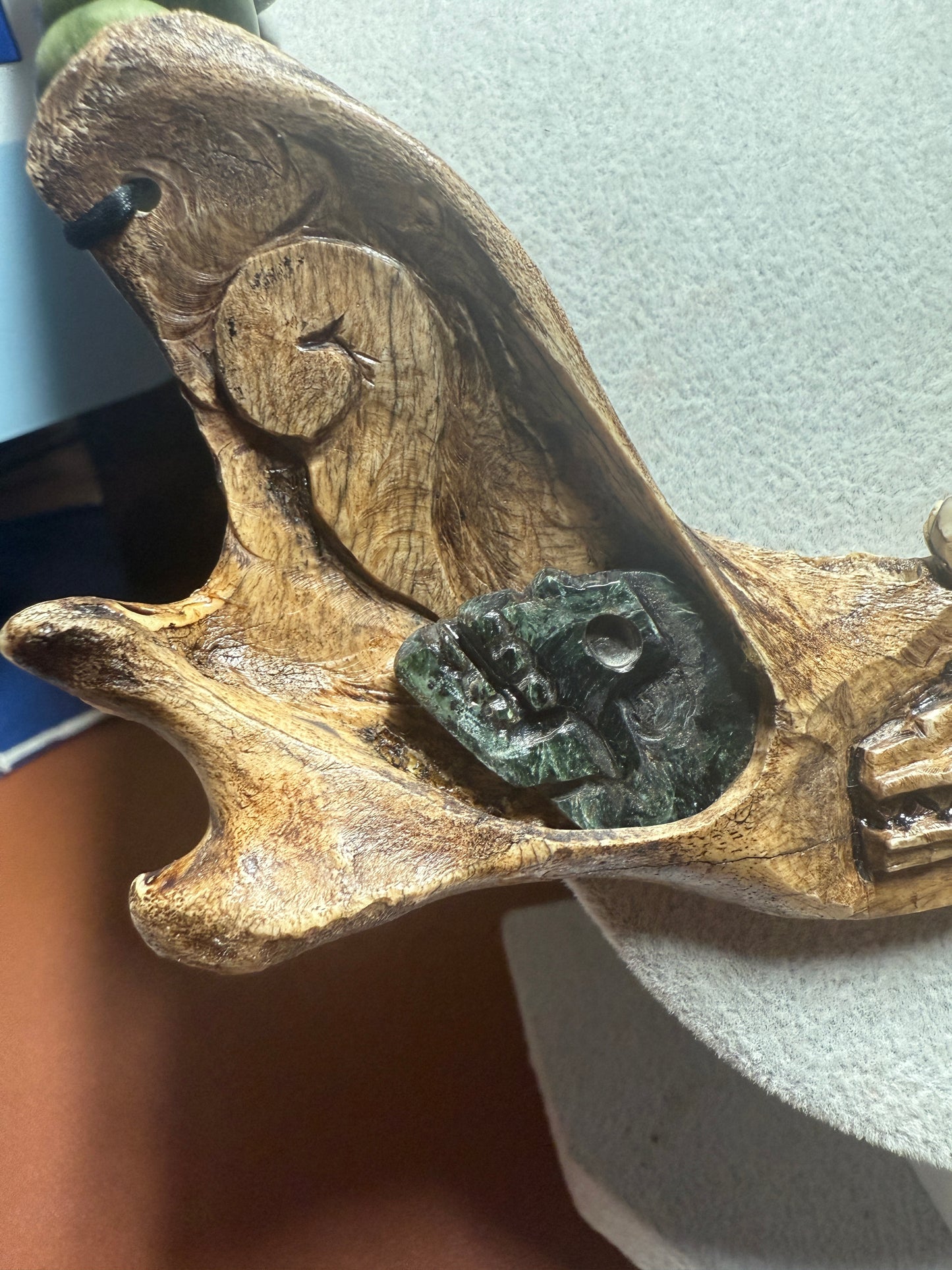 Bone Quetzalcoatl Dragon, Deer Mandible Carved Bone, Serpentine Skull, Marble Beaded Necklace (H)