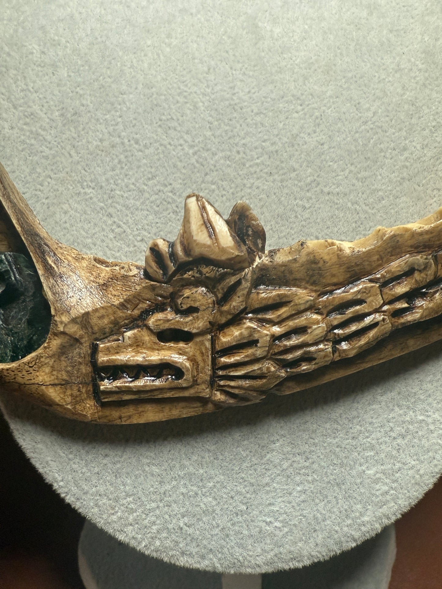 Bone Quetzalcoatl Dragon, Deer Mandible Carved Bone, Serpentine Skull, Marble Beaded Necklace (H)