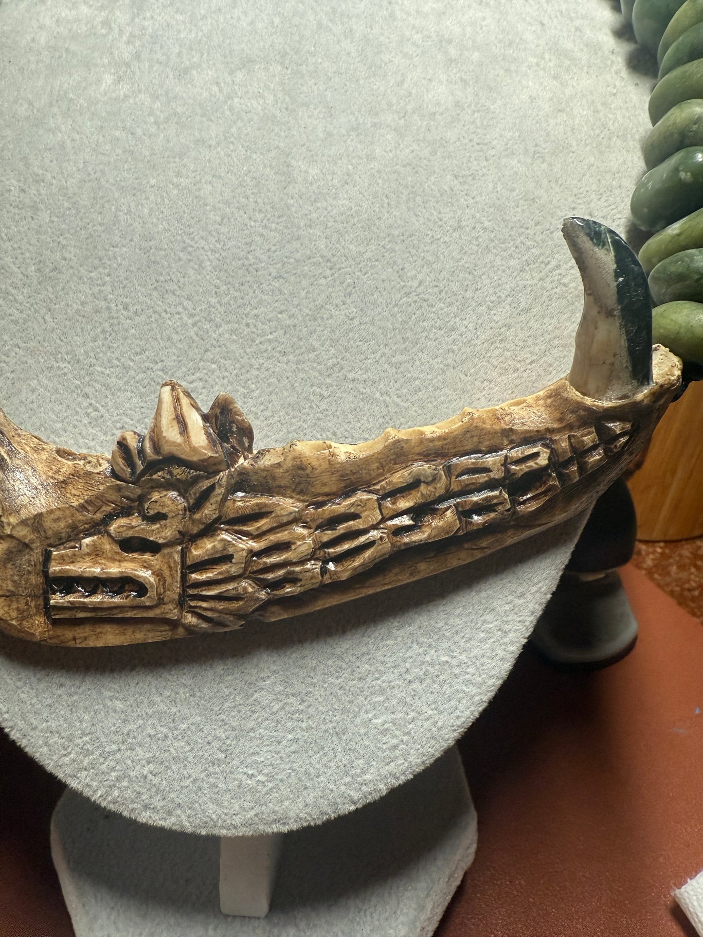 Bone Quetzalcoatl Dragon, Deer Mandible Carved Bone, Serpentine Skull, Marble Beaded Necklace (H)