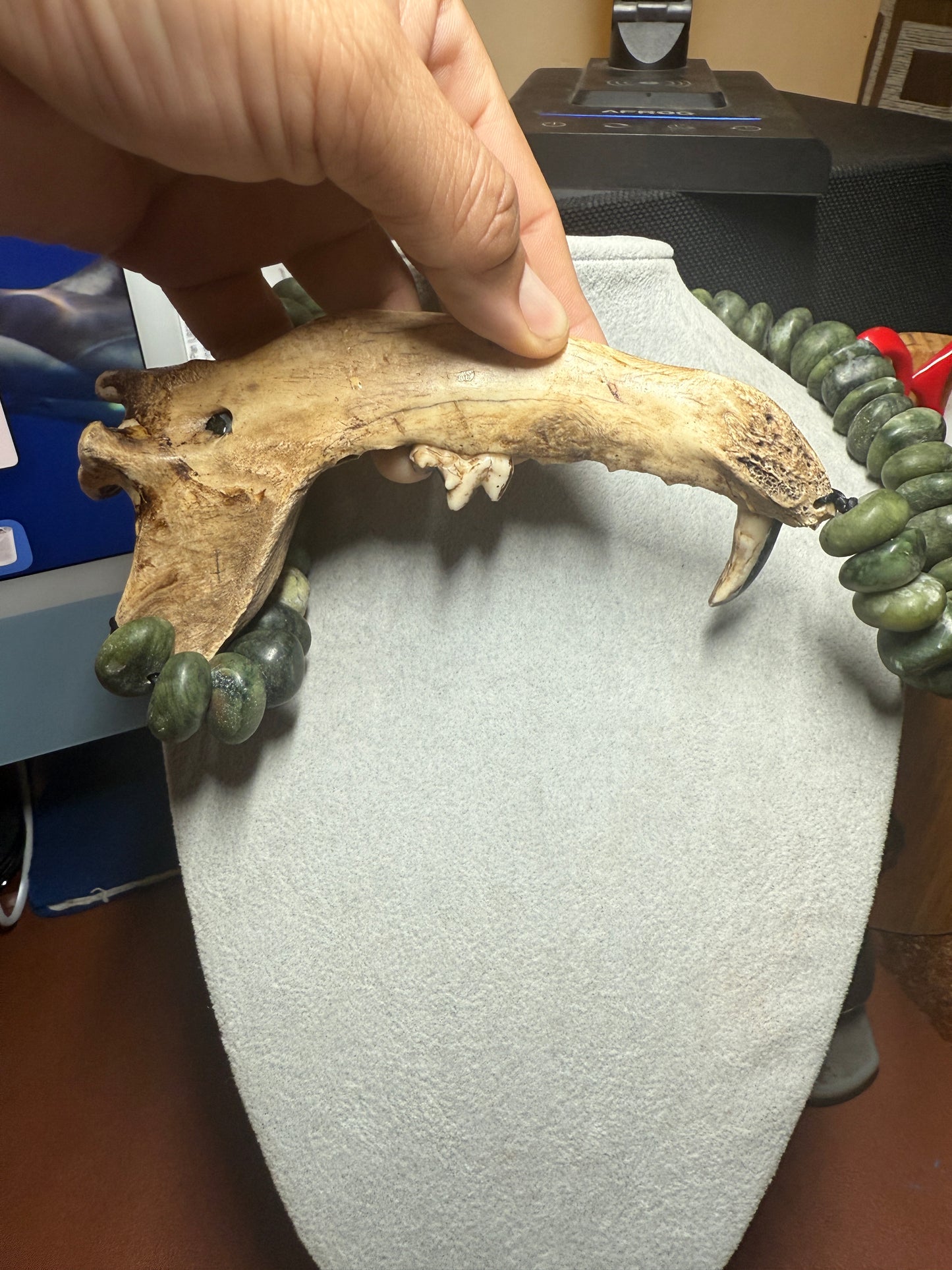 Bone Quetzalcoatl Dragon, Deer Mandible Carved Bone, Serpentine Skull, Marble Beaded Necklace (H)