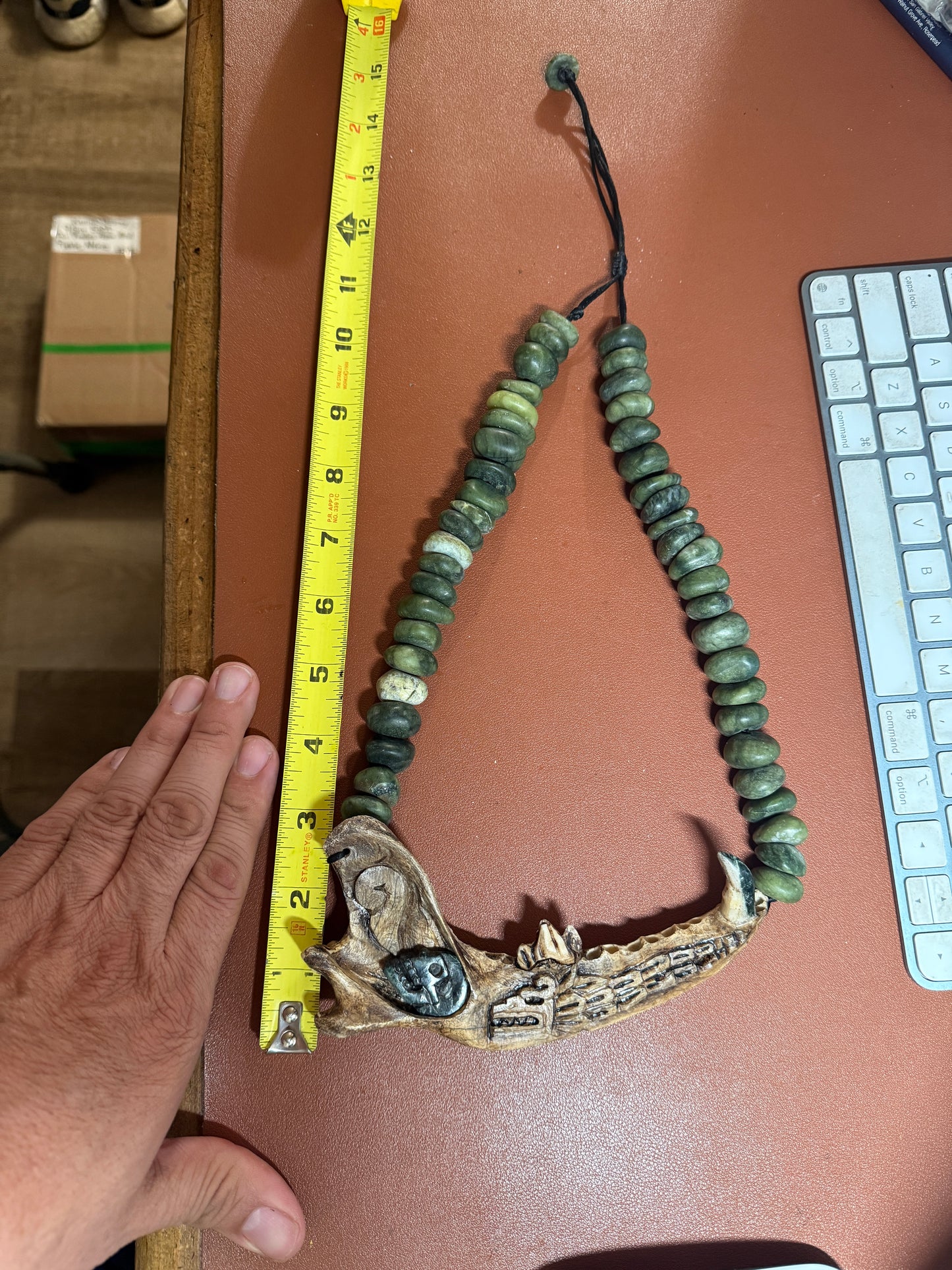 Bone Quetzalcoatl Dragon, Deer Mandible Carved Bone, Serpentine Skull, Marble Beaded Necklace (H)