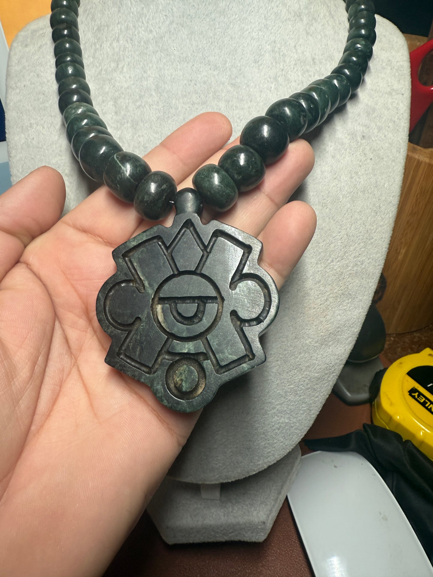 Nahui Ollin Serpentine Stone Pendant Necklace, Azte, Movement of the Sun, Made in Mexico (#41)