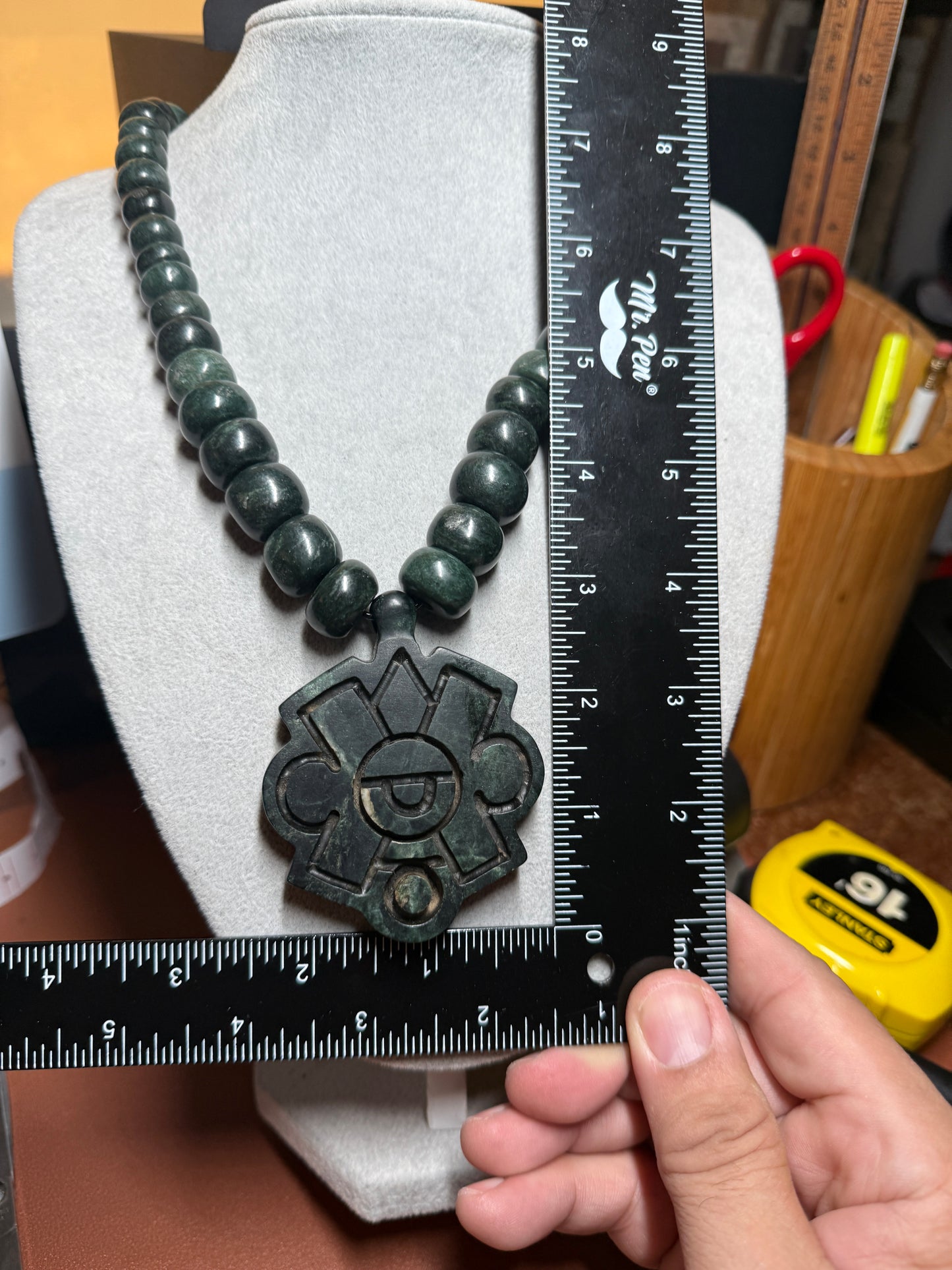 Nahui Ollin Serpentine Stone Pendant Necklace, Azte, Movement of the Sun, Made in Mexico (#41)