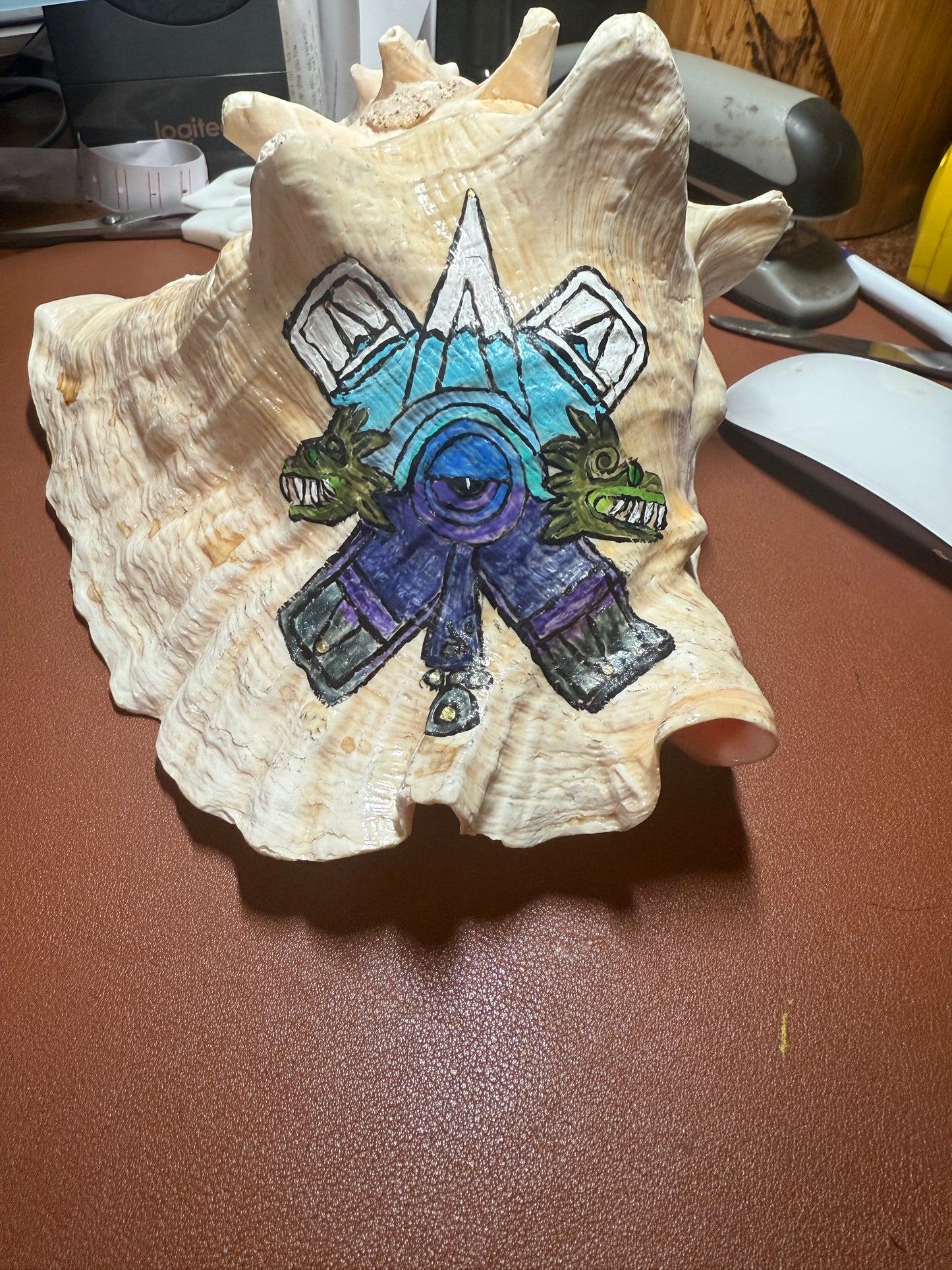 Large Aztec Nahui Ollin Conch Shell Horn Seashell Trumpet, 9" Hand painted Rare