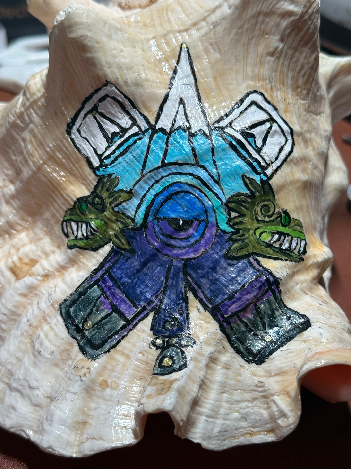 Large Aztec Nahui Ollin Conch Shell Horn Seashell Trumpet, 9" Hand painted Rare