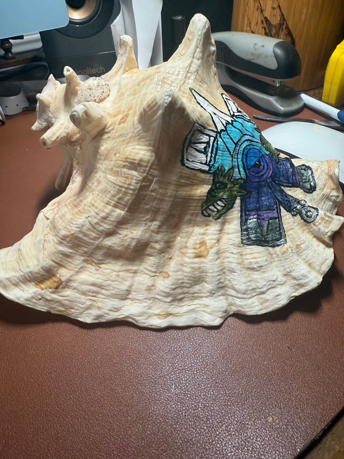 Large Aztec Nahui Ollin Conch Shell Horn Seashell Trumpet, 9" Hand painted Rare