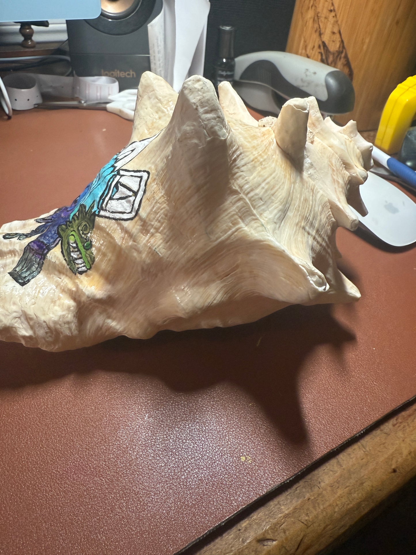 Large Aztec Nahui Ollin Conch Shell Horn Seashell Trumpet, 9" Hand painted Rare
