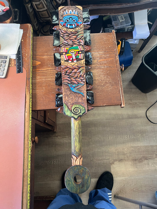Aztec Macuahuitl, Tlaloc, Ollin, Hummingbird, Sword War Club, 31", Mexico Mexica