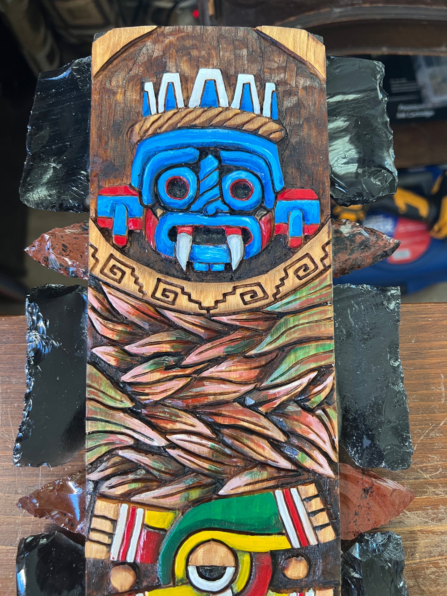 Aztec Macuahuitl, Tlaloc, Ollin, Hummingbird, Sword War Club, 31", Mexico Mexica