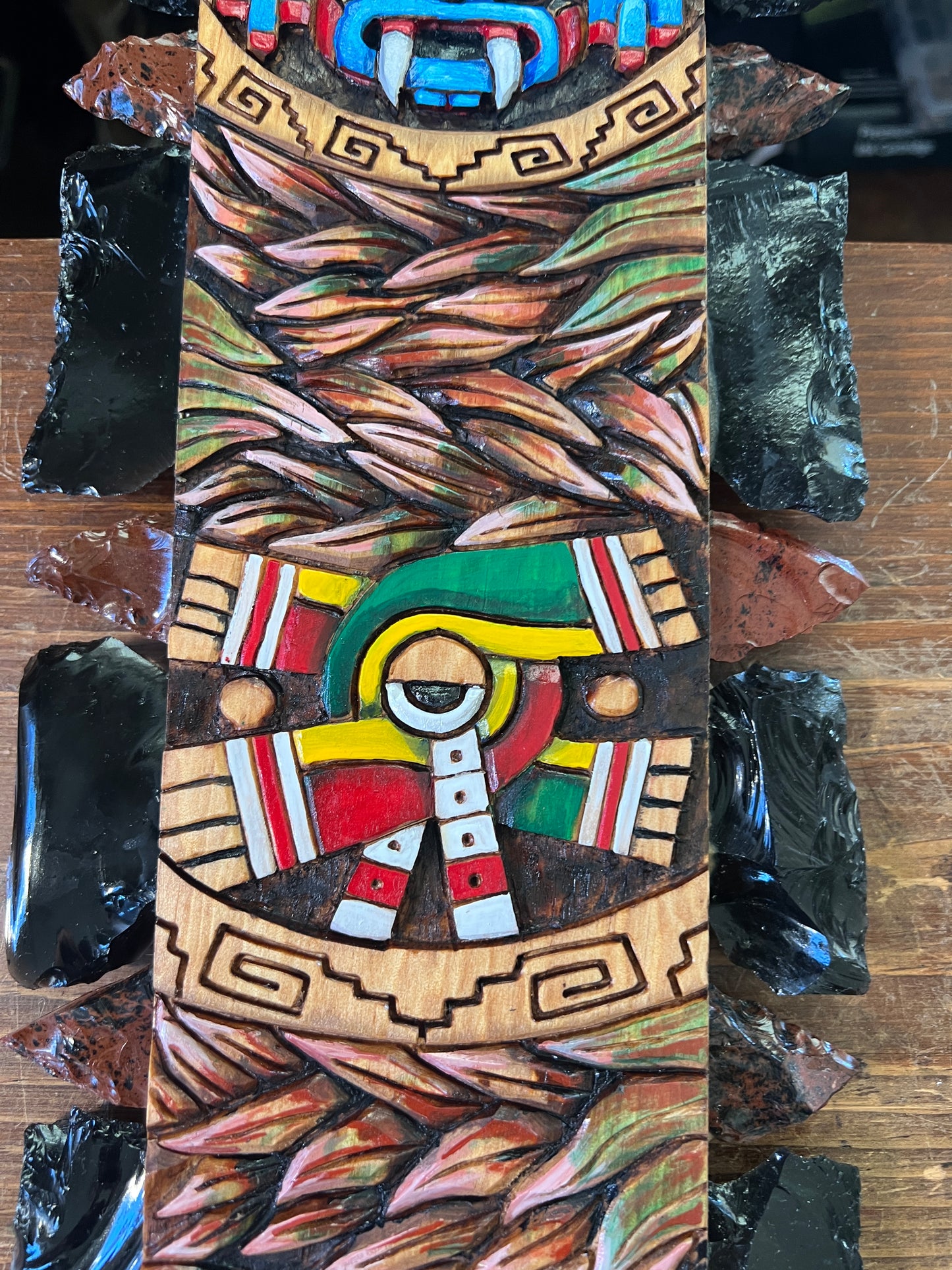 Aztec Macuahuitl, Tlaloc, Ollin, Hummingbird, Sword War Club, 31", Mexico Mexica