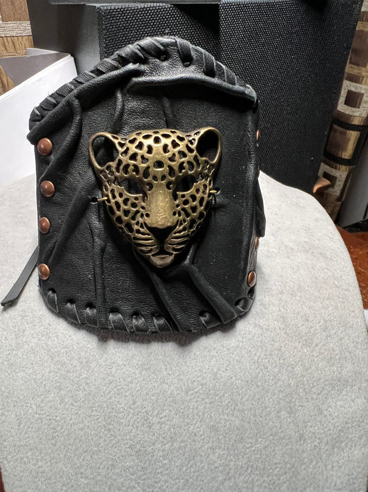 Leather Aztec Warrior Wrist Cuff Bracelet Jaguar, Mens, handmade Mexican (#35)