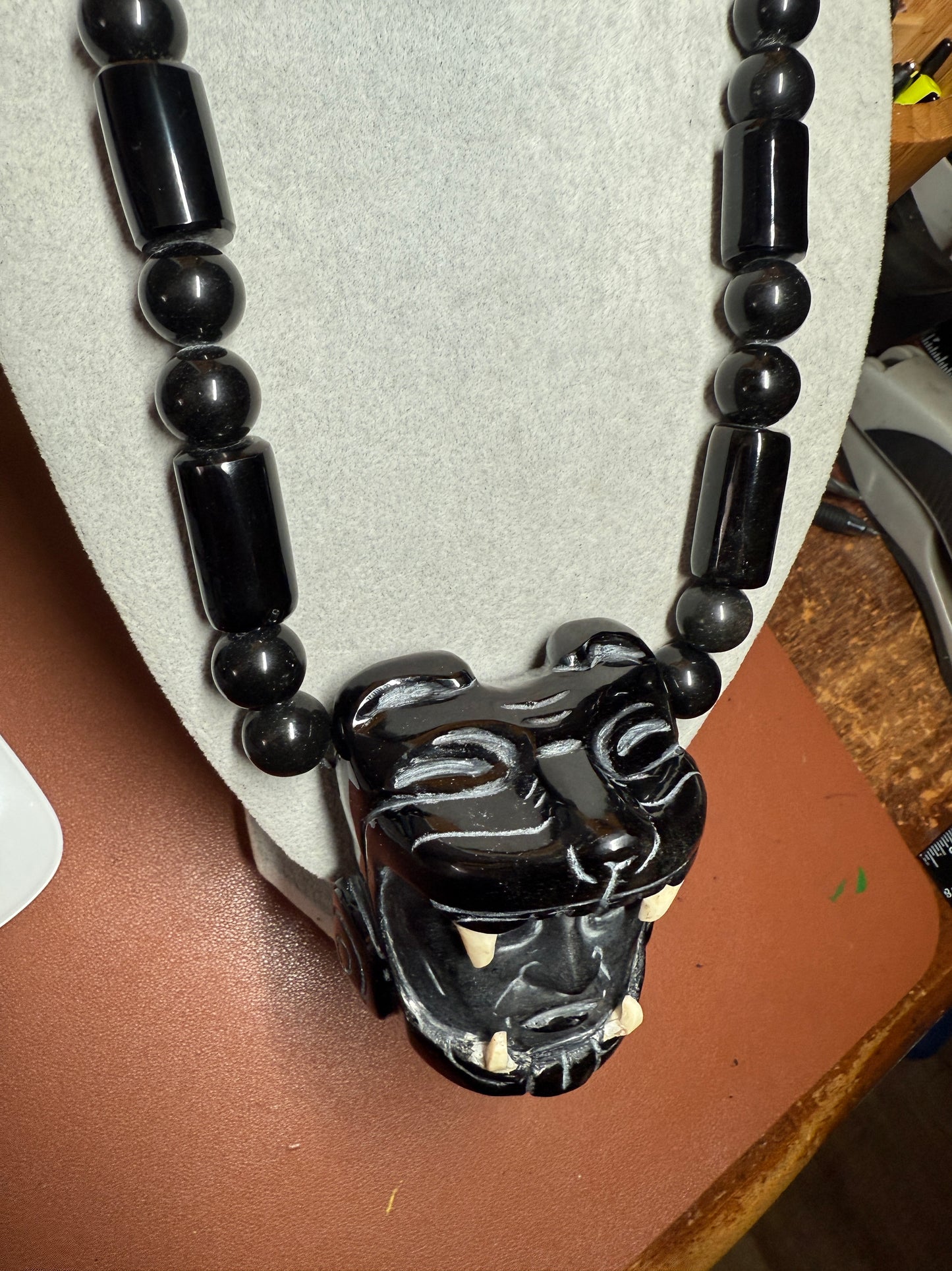 Massive Aztec Mayan Jaguar Warrior, Black Obsidian Beaded Necklace Mexico (#H)