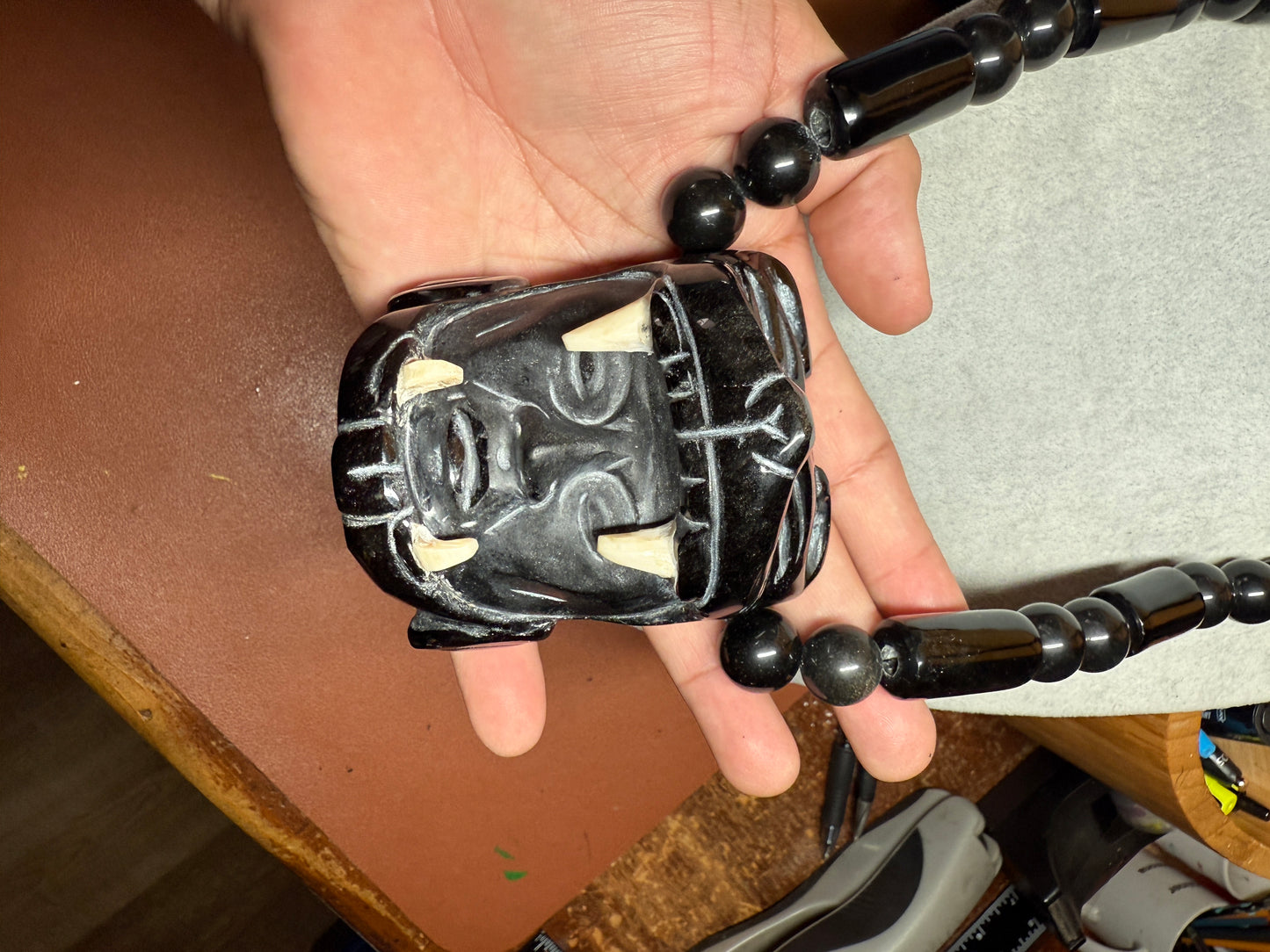 Massive Aztec Mayan Jaguar Warrior, Black Obsidian Beaded Necklace Mexico (#H)