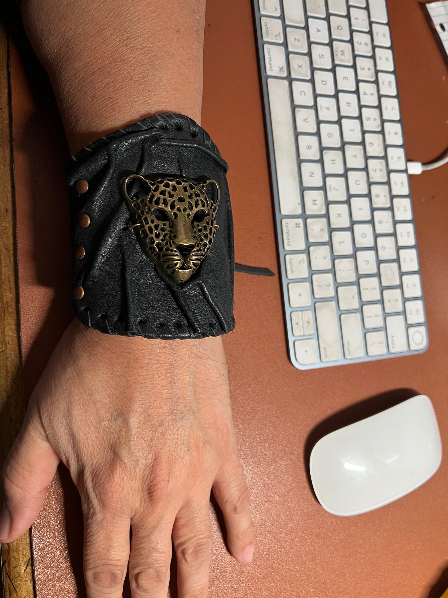 Leather Aztec Warrior Wrist Cuff Bracelet Jaguar, Mens, handmade Mexican (#35)