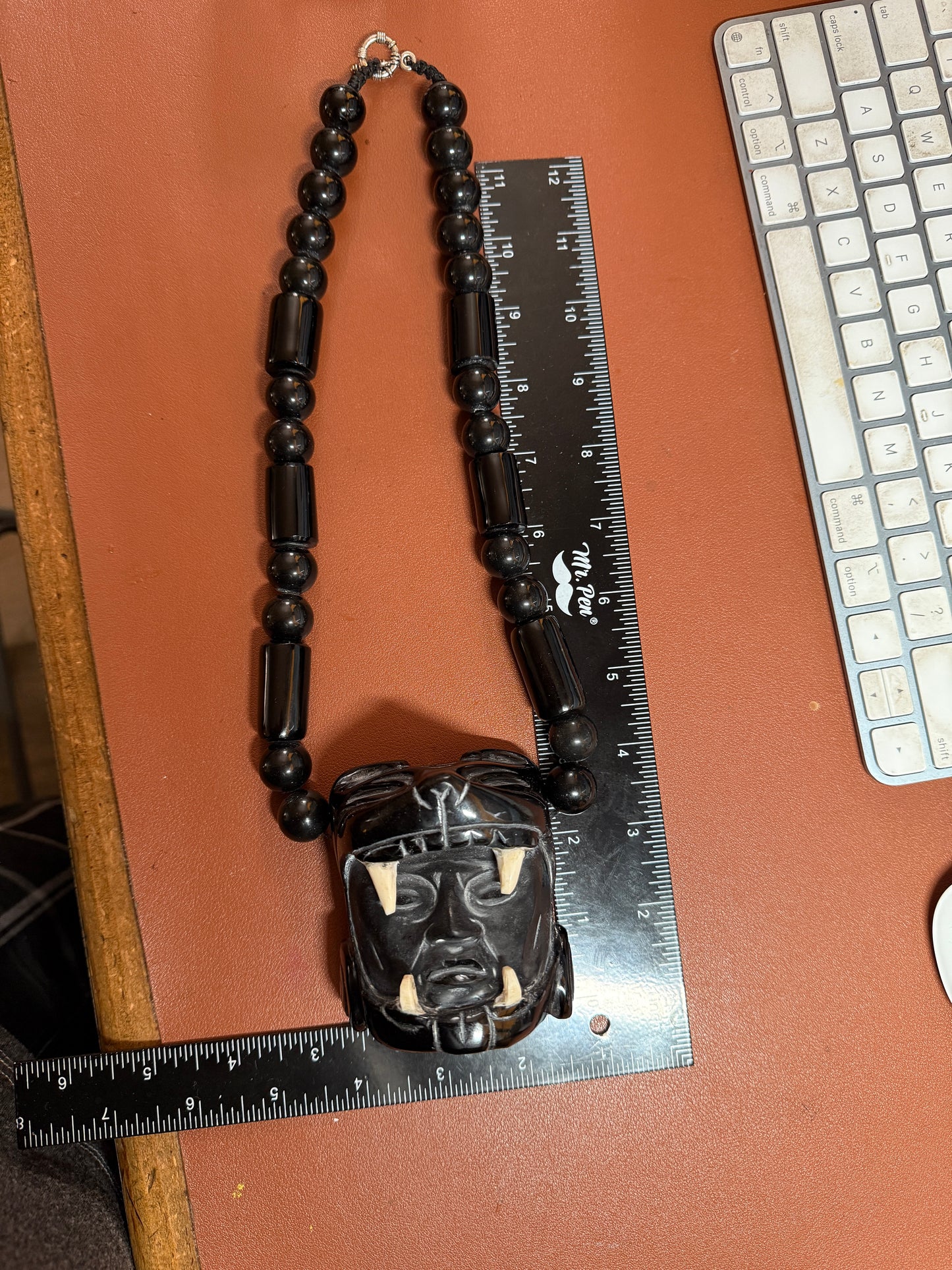 Massive Aztec Mayan Jaguar Warrior, Black Obsidian Beaded Necklace Mexico (#H)