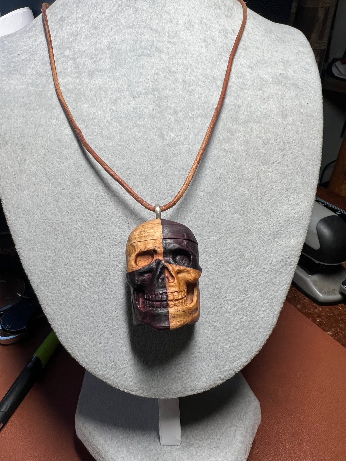 Skull Locket Piece of Mind Brains Necklace Mexican Wood Natural Handmade Mexico