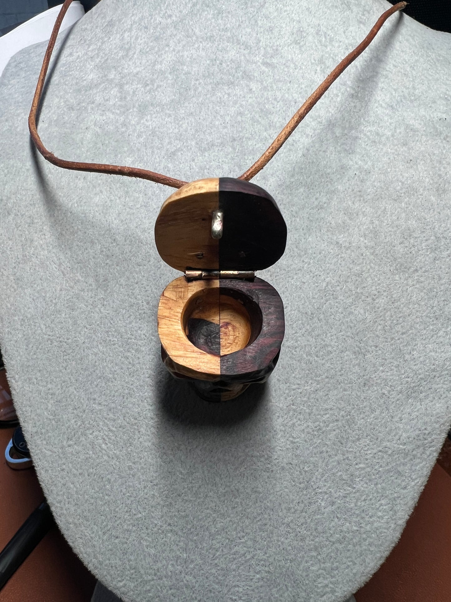 Skull Locket Piece of Mind Brains Necklace Mexican Wood Natural Handmade Mexico