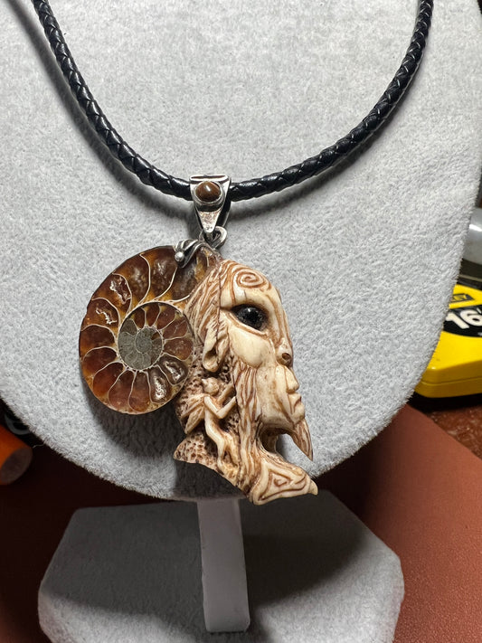 Fauna Hand Eye Pendant Deer Antler Ammonite Fossil Silver Bail Pans Labyrinth