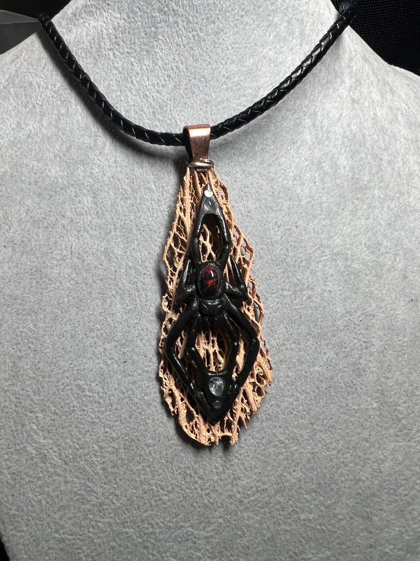 Black Widow Spider Pendant, Bull Horn, Cactus Skeleton, Black Opal, Handmade Mexico